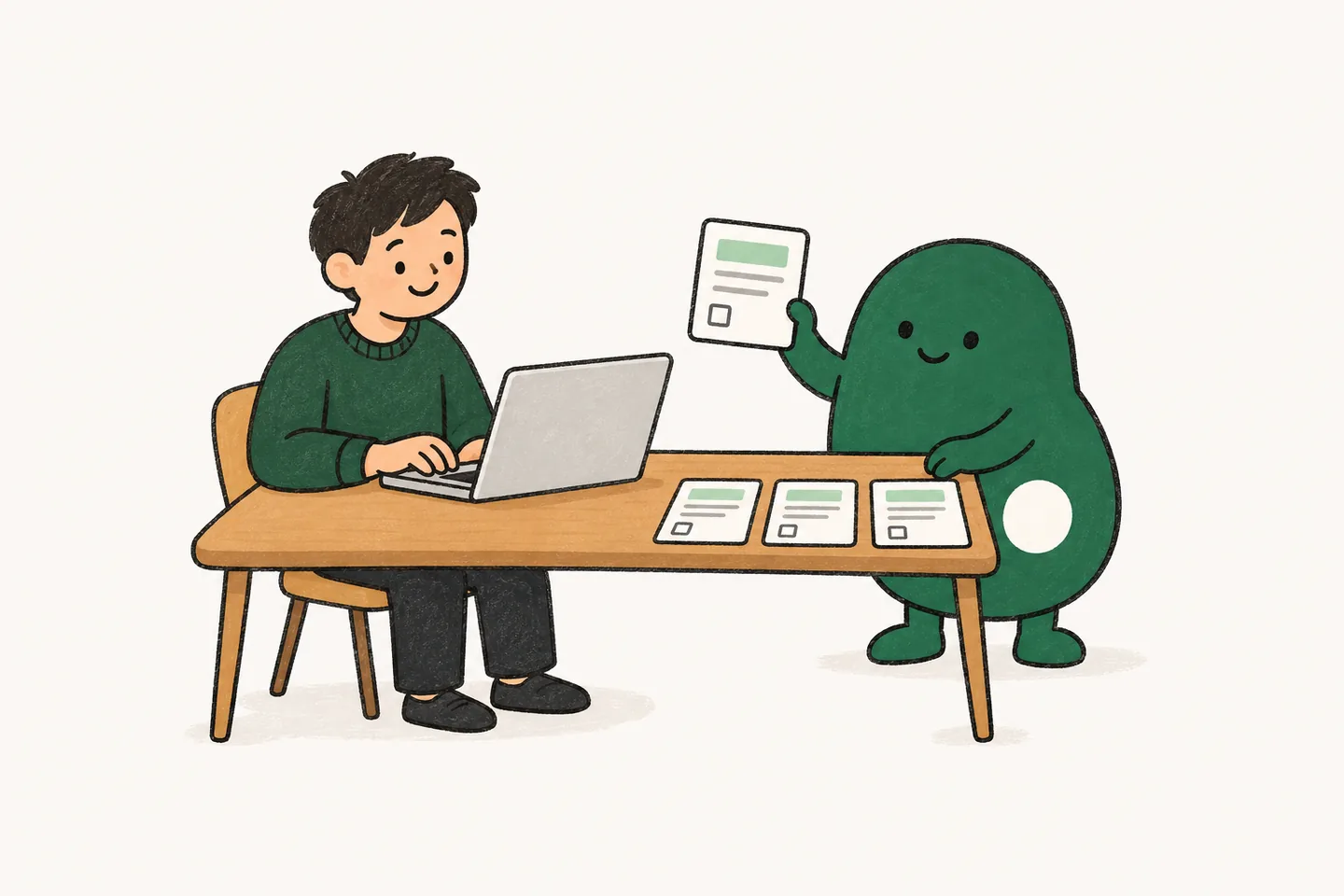 A developer types one brief on a laptop; the Lispa coordinator turns it into three task cards laid out on the desk.