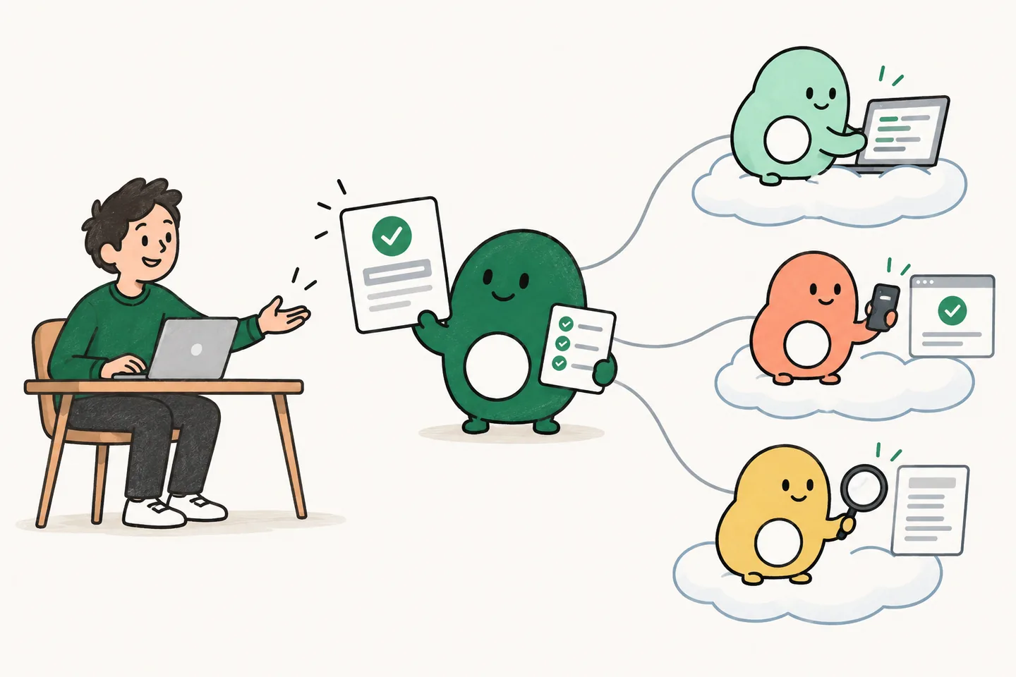 A developer hands one task to Lispa. A coordinator returns a finished pull request with passing checks while Claude, Codex and Grok agents build, test and review on cloud machines.