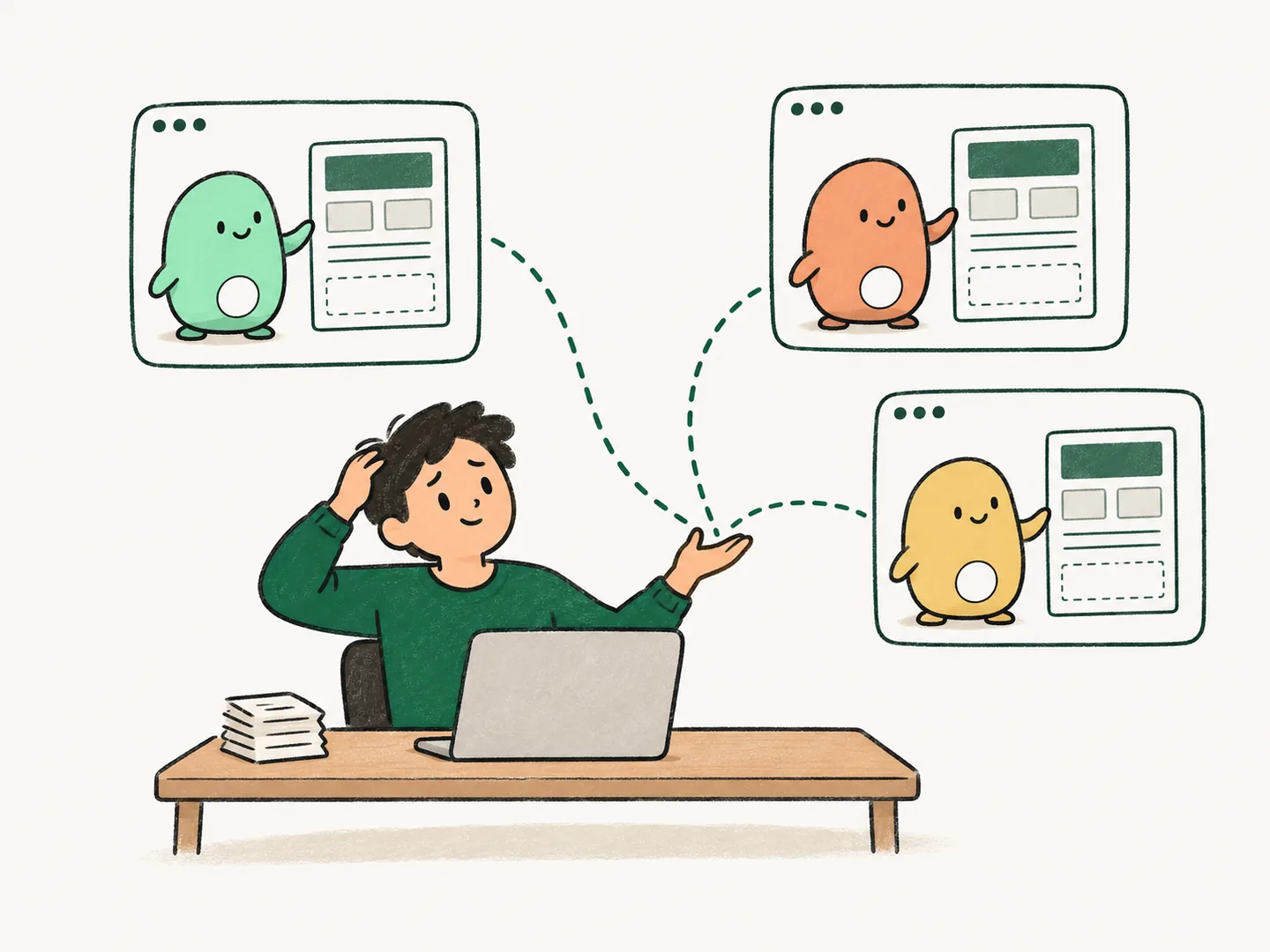 A developer at a desk scratches their head while three separate AI chats each work on the same page, a stack of receipts beside the laptop.