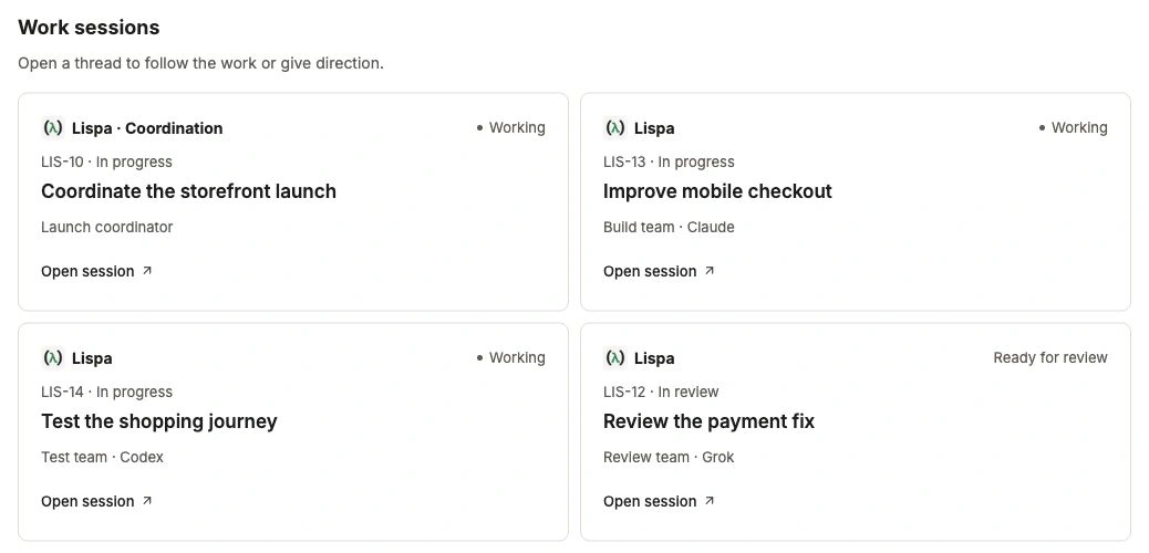 Lispa work sessions for a fictional storefront launch: a coordinator and Claude build and Codex test teams are working, while the Grok review team has a payment fix ready for review.