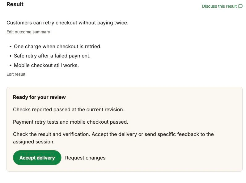Lispa shows a fictional payment fix, the checks reported passed, and both Accept delivery and Request changes controls.