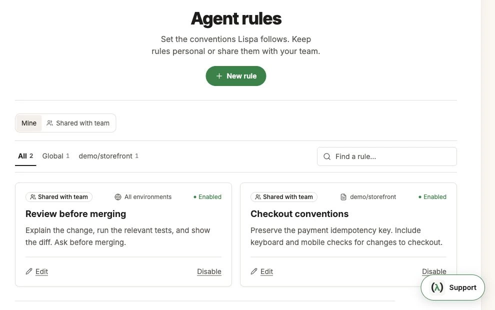 Actual Lispa agent rules with fictional shared review and checkout conventions.