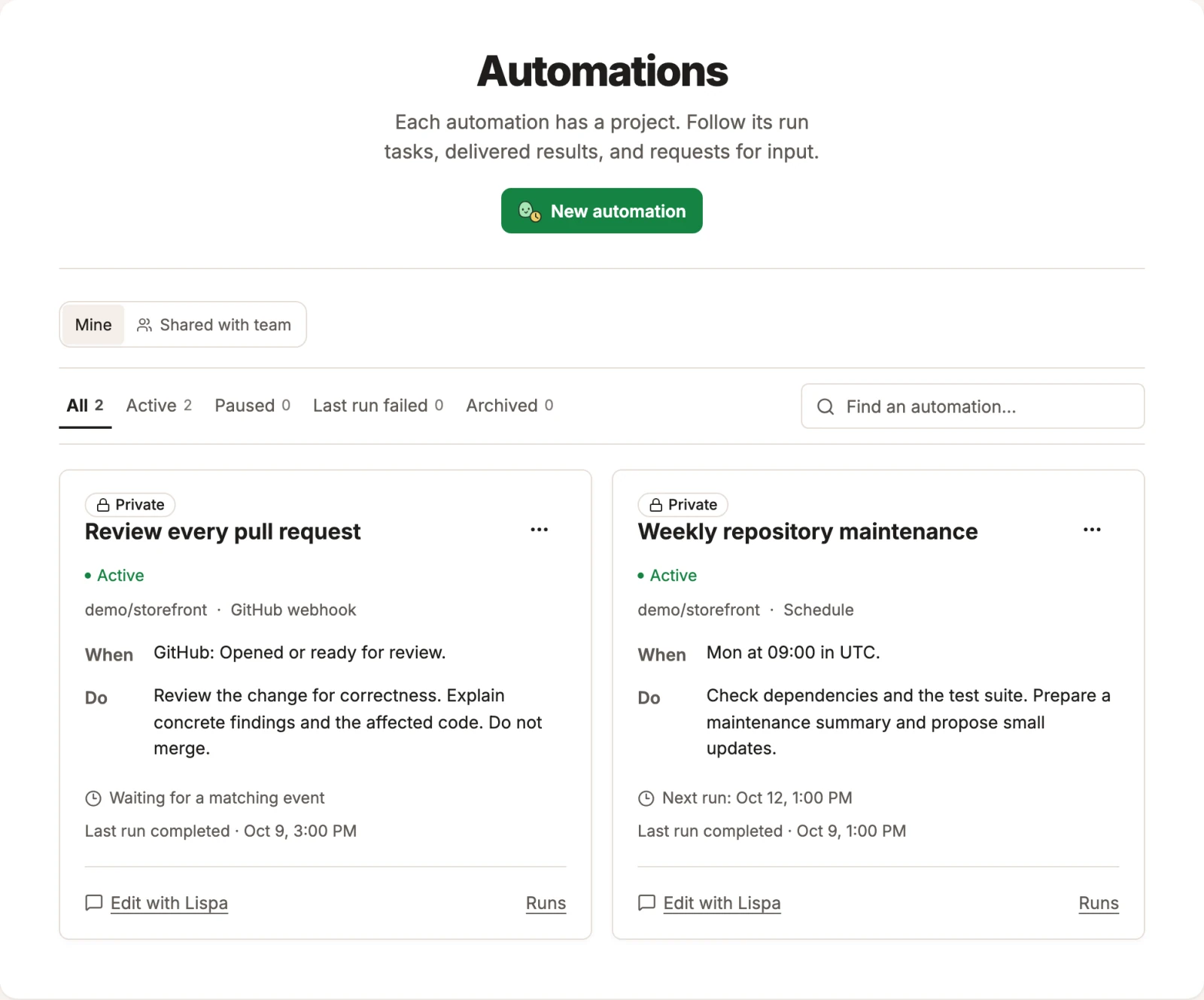 Lispa automations showing a pull request review triggered by GitHub and weekly repository maintenance on a schedule.