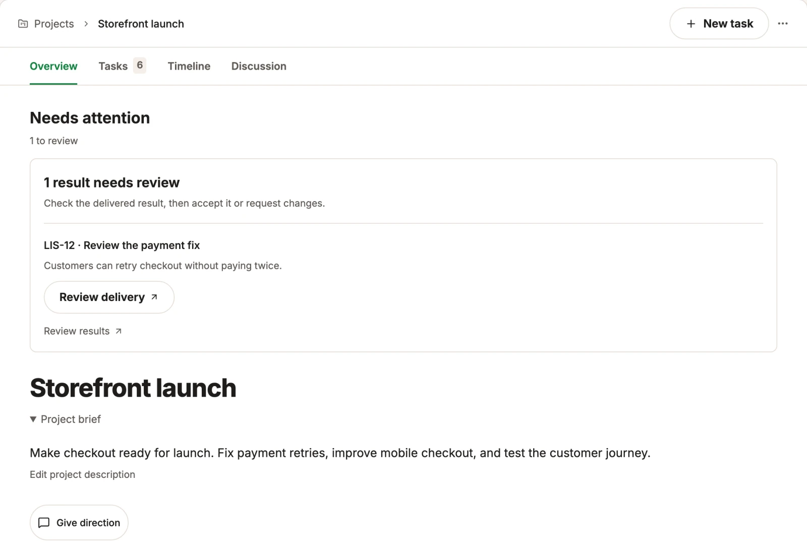Lispa project overview showing the Storefront launch brief and a payment fix ready for review.