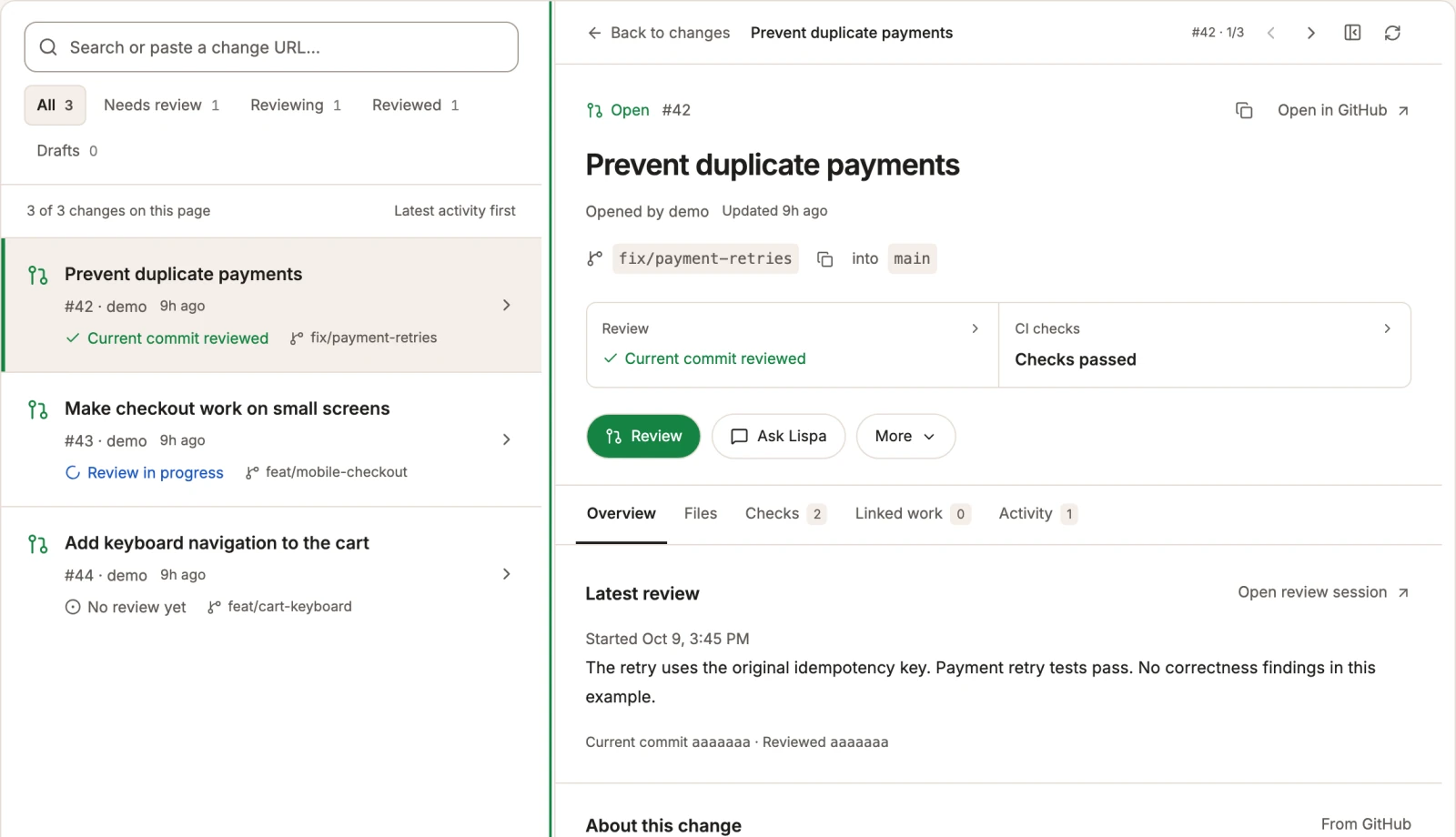 Lispa pull request workspace with three changes, the selected payment fix, passed checks, and its latest review.