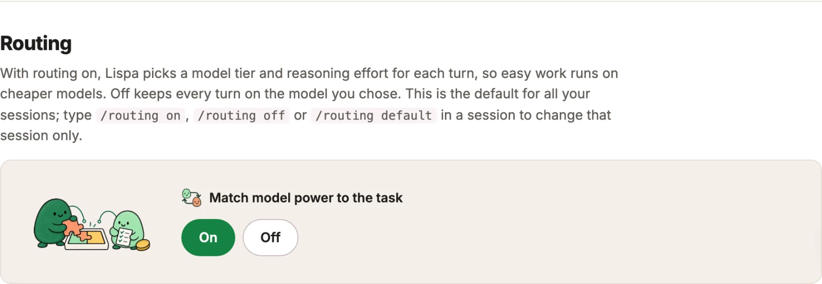 Lispa routing settings with automatic model routing enabled and per-session controls explained.