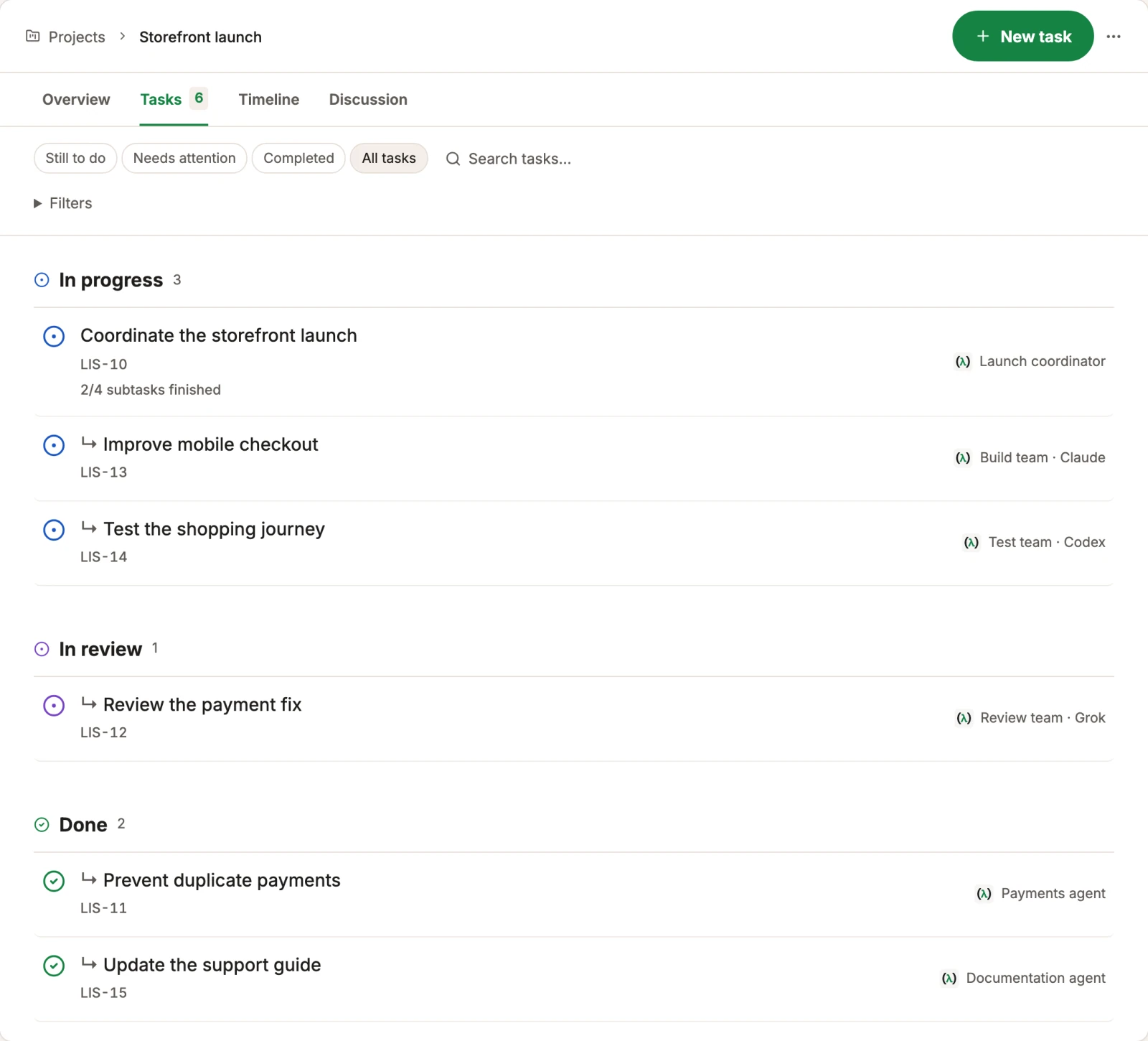 Lispa task list grouped into in progress, in review, and done, with a different agent or team assigned to each task.