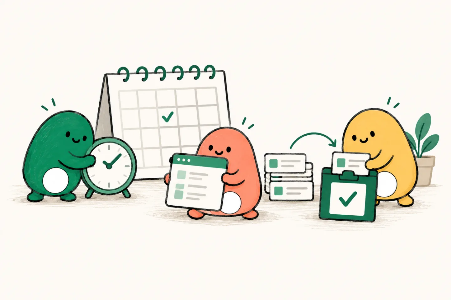 AI agents use a calendar and clock to schedule application checks and file completed task cards.