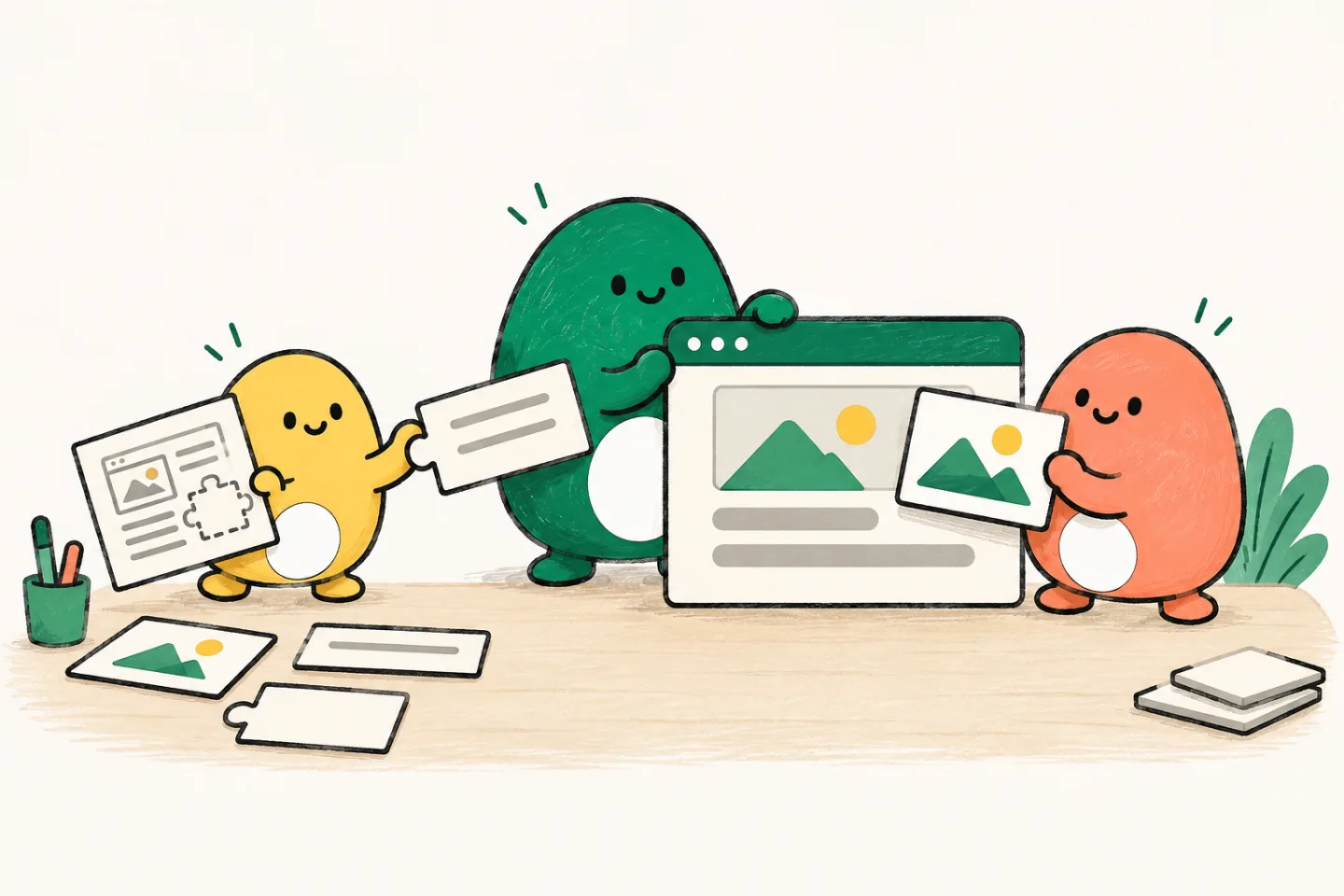 Three illustrated AI agents cooperate to assemble an application from a blueprint and interface pieces.