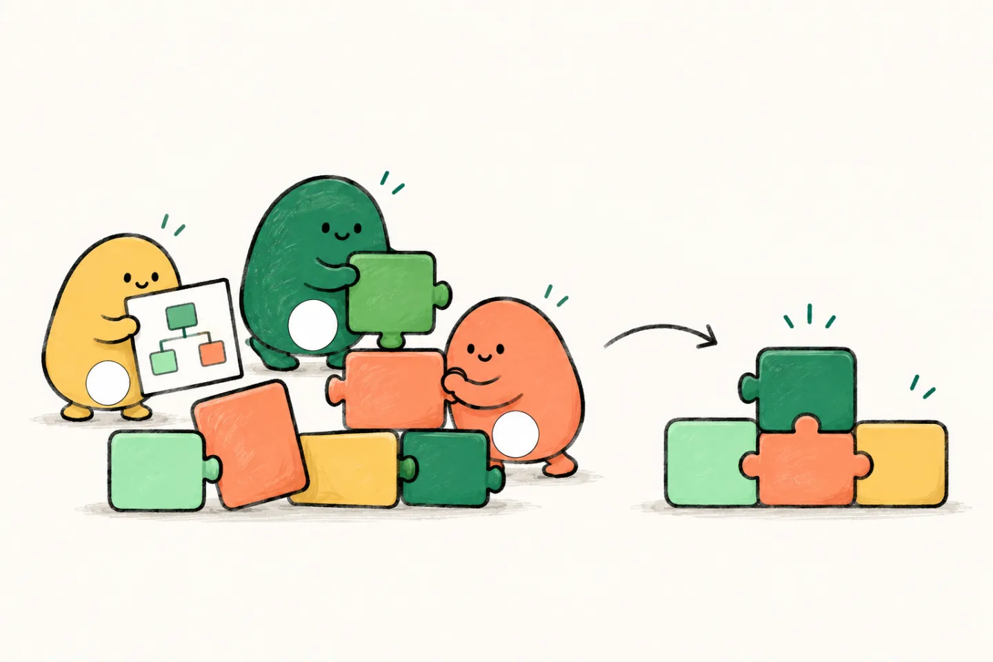 Illustrated AI agents reorganize application pieces around a shared blueprint.