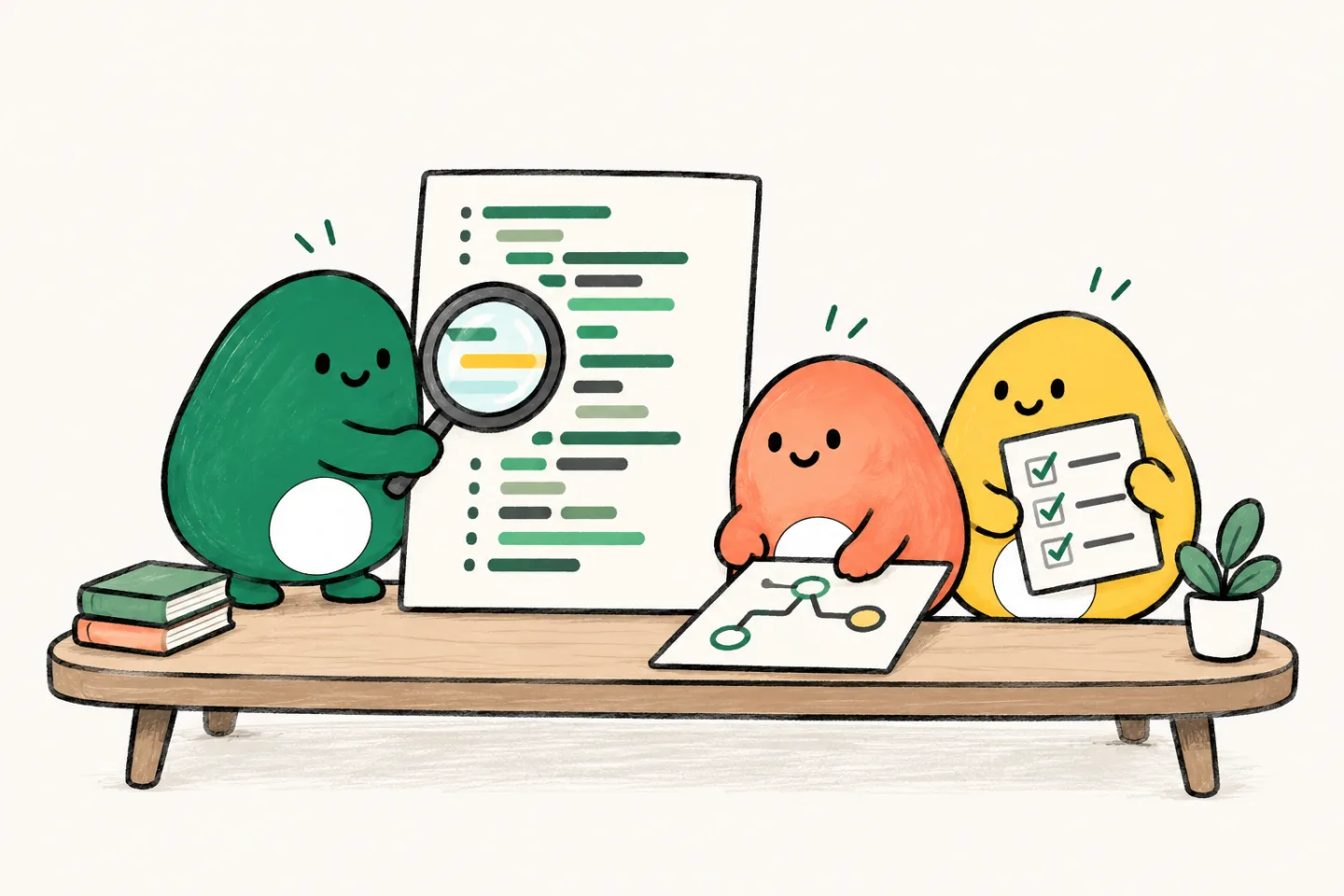 AI agents review a highlighted line of code, trace its connections, and record findings on a checklist.