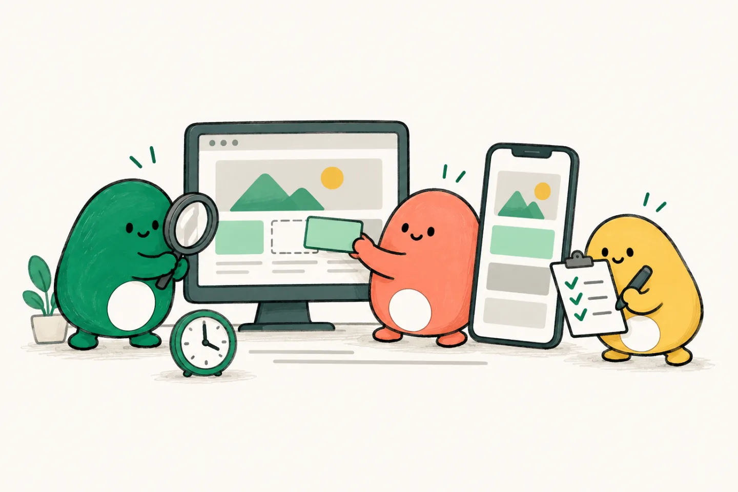 AI agents inspect a desktop application and its phone layout, with a checklist and clock beside them.